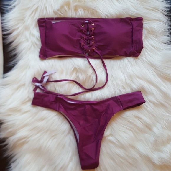 Red wine Bandeau lace up bikini set - Picture 3 of 7